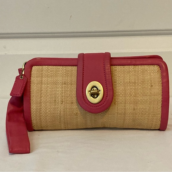 Coach Handbags - COACH Raffia Straw pink Turn lock Legacy Flap Clutch Wallet 42474